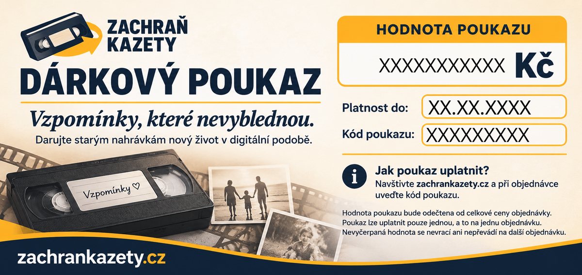 Vzor dárkového poukazu zachrankazety.cz: nadpis Dárkový poukaz, pole pro hodnotu v korunách, datum platnosti a kód poukazu a návod, jak poukaz uplatnit.